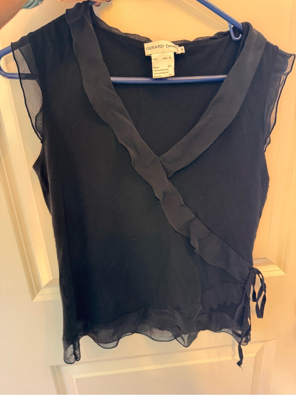 Gerard Darel Black Sheer-Trim Wrap Tie Sleeveless Top